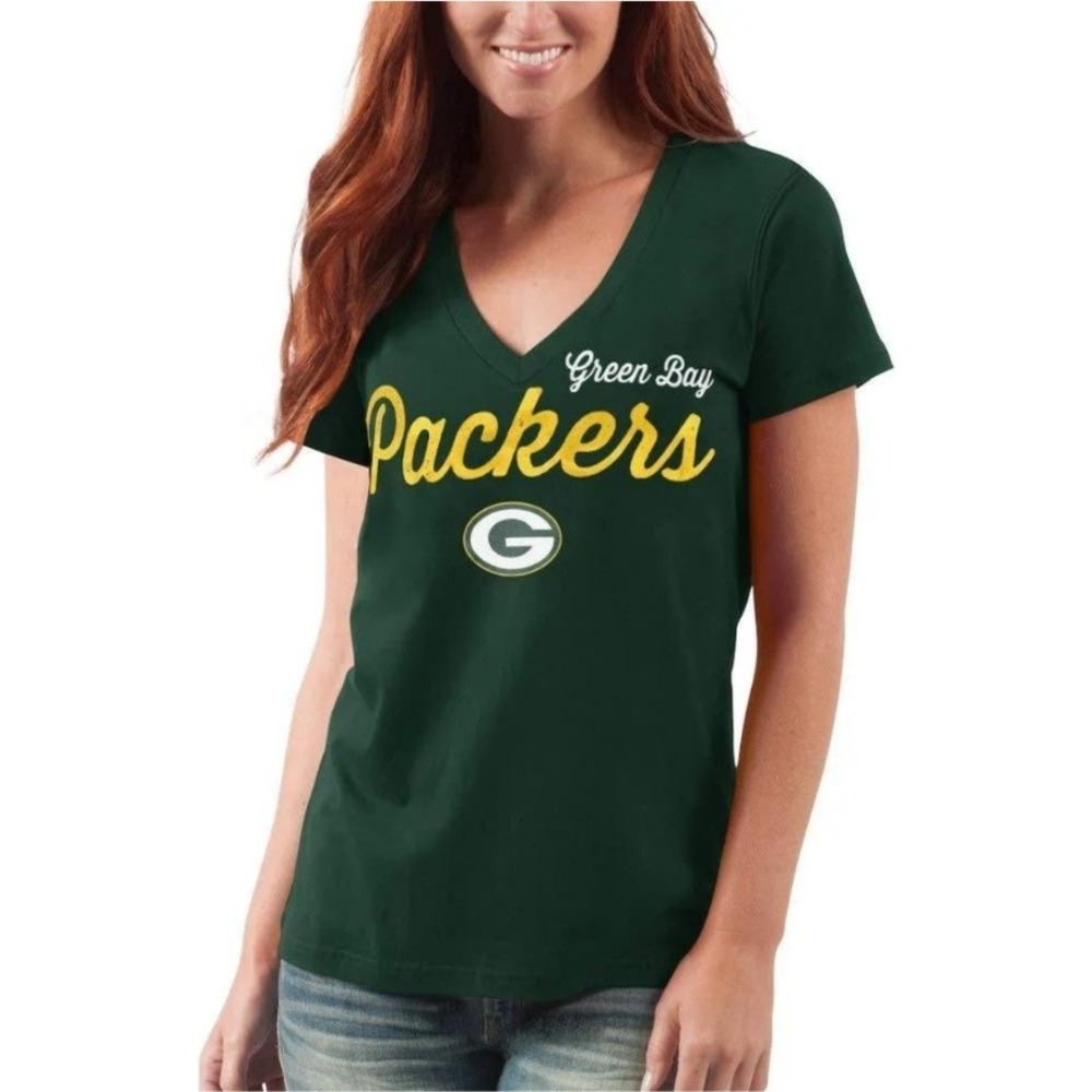 G-III 4HER Green Bay‎ Packers V-Neck T-Shirt NFL Football Tee Size M NWOT